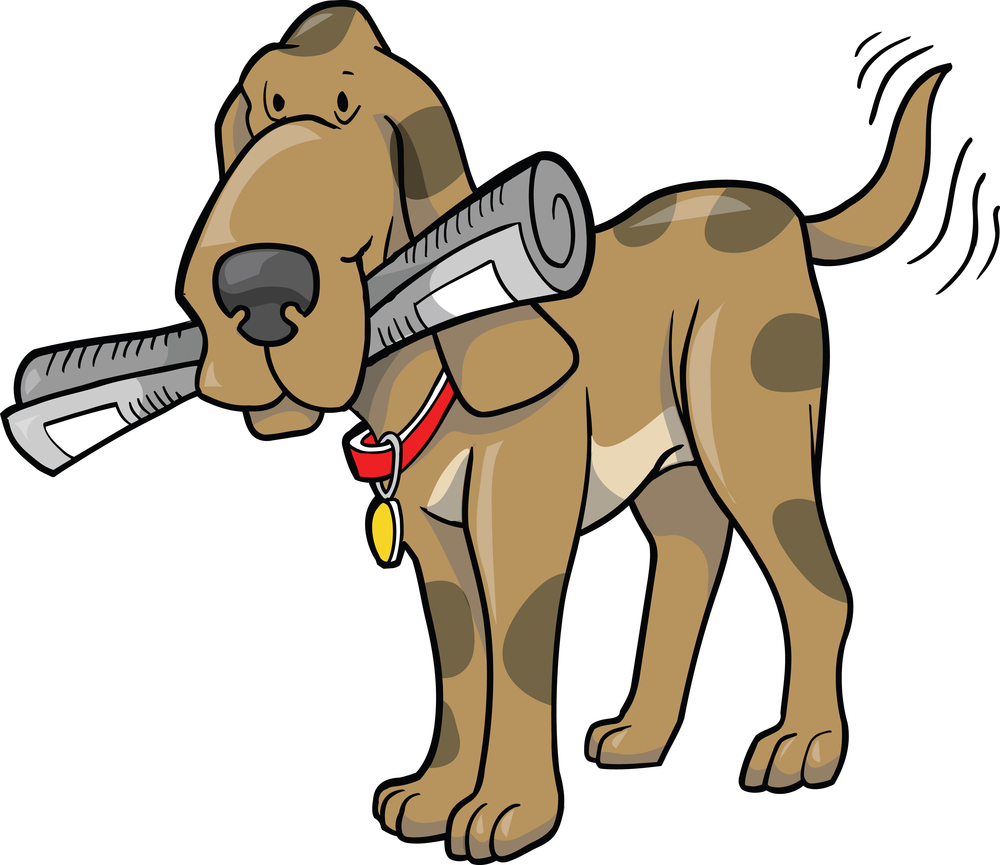 Royalty-free clipart graphic picture of a cute hound dog wagging his tail and fetching a newspaper. This adorable hound has a newspaper in his mough and is happily wagging his tail.